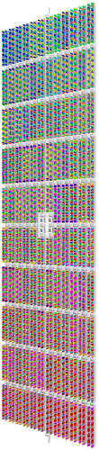 Figure 3. Ludwig Hilberseimer, schema of the Vertical City, axonometric of one city element, colour coding of the six exemplary units.