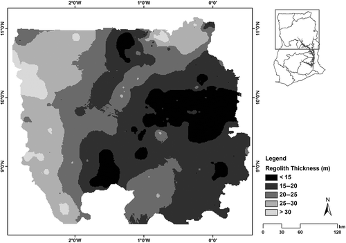 Fig. 6 Spatial distribution of regolith thickness across the study area.