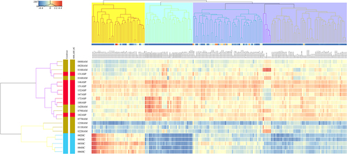 Figure 2. Heatmap showing the results of a hierarchical cluster analysis (HCA) performed independently for the three sample groups and the 182 significantly dysregulated known sRnas. The sample cluster tree is shown on the left, with the sRNA cluster tree above, forming 3 clusters selected by yellow, light green, and violet colours. The colour scale at the top indicates the relative expression level of sRNA in all samples. Red means that the expression levels are higher than the mean, while blue means that the expression levels are lower than the mean. Each column represents a known sRNA, and each row represents a sample.