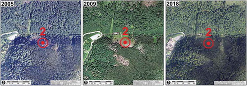 Figure 13. Aerial photographs of the locality 2 from years 2005, 2009 and 2018 (source: NAPANT, own creation)