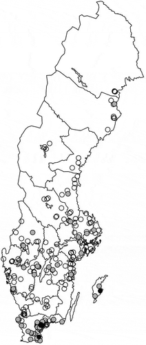 Figure 3. Geographical distribution of samples with indication of CAP content. Open circles: < 1 µg kg–1; grey circles 1–10 µg kg–1; black circles > 10 µg kg–1.