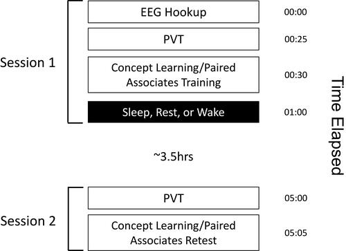 Figure 1 Experimental Timeline. 00:00 represents study start time. Following EEG hookup, participants completed the PVT and training for the Concept Learning and Paired Associates tasks in randomized order, followed by one of three experimental conditions. Participants then left the laboratory and returned later to complete the second PVT and the Concept Learning and Paired Associates tests. Rest = Resting Wake, Wake = Active Wake.