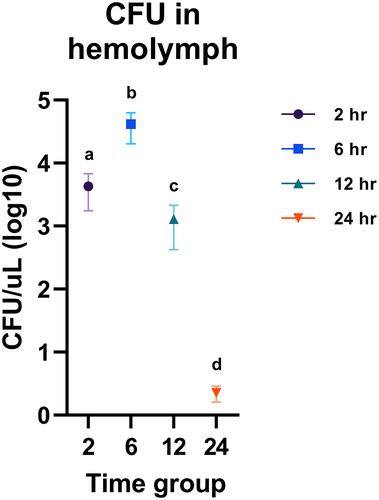 Figure 2. Fecundity measures of bacterial proliferation and survival in hemolymph recovered from infected G. mellonella. Raw CFU numbers were transformed to their base-10 logarithm for better visualization. One-way ANOVA followed by multiple comparisons test with Tukey’s correction for multiple comparisons showed all 4 time points had significantly different H. ovis CFU in hemolymph. Each lowercase letter (a–d) denotes statistically significant differences in recovered CFU between the time-groups. CFU numbers were similar between KG36 and KG38 isolates at each time point.