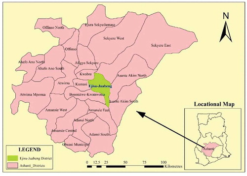 Figure 1. Ejisu-Juaben Municipality in Ashanti regional context.Source: Authors’ Construct, 2016.