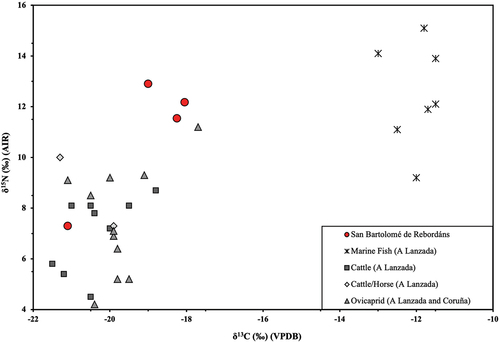 Figure 6. δ13C and δ15N of humans analysed in the present study and data from marine and terrestrial fauna collected from a Lanzada (López-Costas & Müldner, Citation2016).