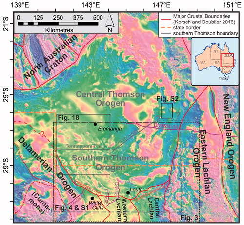 Figure 1. Overview of central eastern Australia showing the major crustal boundaries from Korsch and Doublier (Citation2016) on a semitransparent grey-scale 1VD RTP magnetic intensity image, draped on a Bouguer gravity image (cool colours indicate lower density); position of Figures 3, 4 and 18 and Supplementary papers, Figures S1, S2 are shown. Also shown is the position of deep seismic reflection lines 05GA-TL1, 05GA-TL2, 05GA-TL3, 99AGS-C1 and BMR84-14.