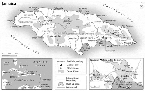 Figure 1. The Island of Jamaica showing its parishes and capitals (top), regional location (bottom left) and Kingston and the harbour (bottom right). The KMA is the area shaded as Kingston (bottom right), while the Kingston metropolitan region (KMR) includes all of Kingston, Spanish Town and Portmore. Source: Leslie (Citation2010).