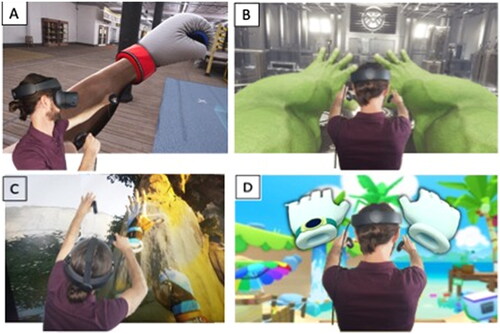 Figure 1. Visualization of the VR applications. Panel A: “Creed: Rise to Glory”; Panel B: “Avengers Powers Unite”; Panel C “The Climb”; Panel D “Vacation Simulator”.