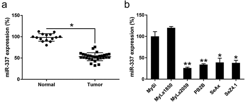 Figure 1. miR-337 expression in T cells from patients with CTCL and in malignant CTCL cell lines. (a) Decreased expression of miR-337 was observed in T cells from patients with CTCL (n = 30) compared to that in normal human T cells (n = 15). (b) miR-337 levels in malignant T cells and non-malignant cells, MySi and MyLa1850. MySi cells served as controls. Data are represented as mean ± SD. *P < 0.05, **P < 0.01. n = 3.