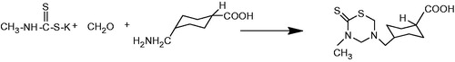 Figure 1. Synthesis of the test substance 3-methyl-5-(4-carboxycyclohexylmethyl)-tetrahydro-2H-1,3,5-thiadiazine-2-thione (Özçelik et al. Citation2007).