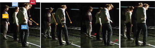 Figure 23–26. Figure 23. AC2 gazes at white line and refers to it by path gesture; Figure 24. All actors gaze at white line; Figure 25. AC1/4 step toward white line; Figure 26. Ensemble lined up along white line