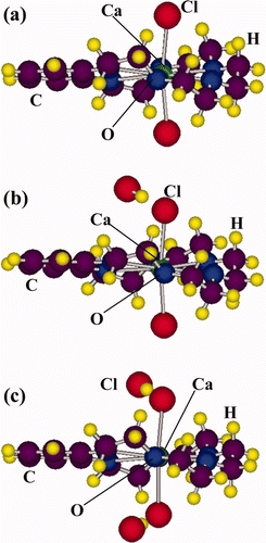 Figure 12. The optimized structures of (a) [B18C6 + CaCl2], (b) [B18C6 + CaCl2 + HCl] and (c) [B18C6 + CaCl2 + 2HCl].