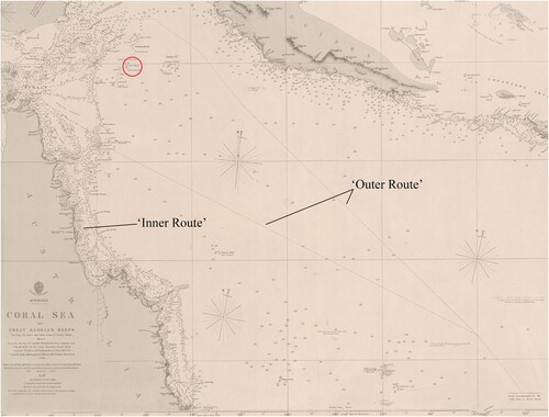 Figure 1. Hydrographic chart entitled Australia, Coral Sea and Great Barrier Reefs shewing the inner and outer routes to Torres Strait from the surveys of Captains Blackwood, Owen Stanley, and Yule, R.N., 1842–50: The outer detached reefs from Captains Flinders and Denham, Royal Navy, 1802–60, showing the locations of the ‘Inner Route’ and ‘Outer Route’ used by 19th-century mariners to circumvent the Great Barrier Reef. Boot Reef is highlighted with a red circle (image: National Library of Australia and James Hunter).
