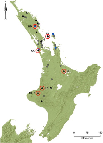 Figure 1. Distribution records for Isothraulus abditus. Blue points indicate locations of specimens recorded in published literature, grey points indicate locations of specimens recorded in unpublished literature (reports, theses, monitoring data, national specimen collections and personal communications) and black triangles indicate locations of specimens recorded in a national survey (Pohe 2013–2016). Red circles with corresponding codes indicate locations from which specimens for DNA analysis were obtained in this study. Code details are described in Table 1.