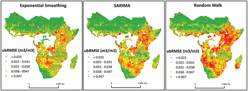 Figure 3. Pixel-level unbiased RMSE (ubRMSE) of monthly soil moisture forecasting using three modelling approaches implemented on test datasets (September 2007 – December 2019) of SSA.