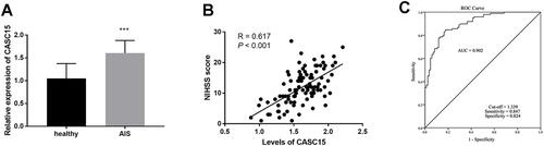 Figure 1 (A) CASC15 is upregulated in AIS patients. (B) CASC15 was proportionate to the NIHSS score. (C) CASC15 could serve as a diagnostic biomarker for AIS patients. ***P < 0.001.
