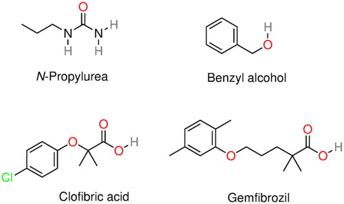 Figure 7. Molecular structure of several α-syn deoxy-HbS aggregation inhibitors: n-propyl urea, benzyl alcohol, clofibric acid, and gemfibrozil.