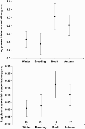 Figure 1. Seasonal changes in plasma concentration of lutein and zeaxanthin (means ± se) in adult male Great Tits sampled in 2005 at Can Catà field station, near Barcelona city, Spain (n for each season is provided).