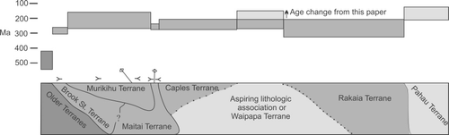 Figure 5 Schematic cross-section of the tectonostratigraphic terranes of New Zealand's South Island (Little et al. Citation1999; Adams et al. Citation2002; Mortimer et al. Citation2002). Above the cross-section is the depositional age range of the terranes. The older terranes are Early Palaeozoic and intruded by plutons ranging in age from Early Palaeozoic to Early Cretaceous.
