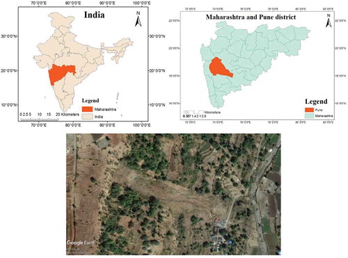 Figure 1. Study area map location of Malingaon with respect to India and Maharashtra. It also shows present topography of Malingaon in Pune district