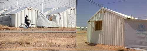 Figure 2. Azraq Camp, Jordan – a grid layout with limited adaptation opportunity; for example makeshift extensions made of tarpaulin and improvised shading devices. Left image credit: S.T. Coley.