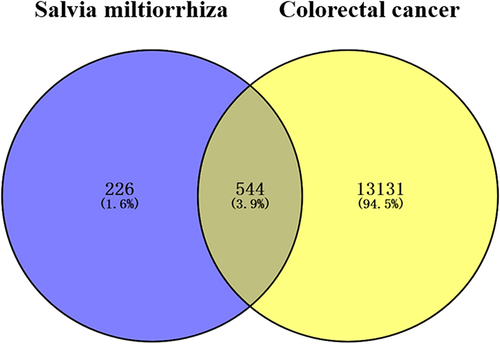 Figure 1 Overlap between the target genes of Salvia miltiorrhiza’s active components and those associated with colorectal cancer.