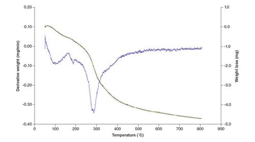 Figure 4. TGA-DTG curve representing thermal decomposition of CS–ZnO–GO nanocomposite film.