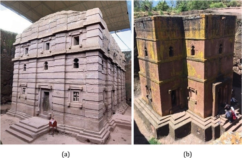 Figure 1. The monolithic churches at Lalibela (Ethiopia) that are the focus of this study: (a) Bete Amanuel (sheltered) and (b) Bete Giyorgis (unsheltered).