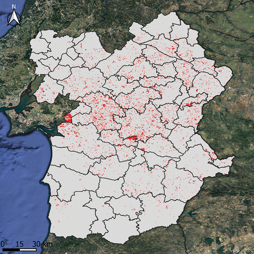 Figure 3. Spatial representation of sown biodiverse pasture areas in Alentejo region (in red) in 2013 estimated with the algorithm developed here. The total estimated area of SBP is about 130 thousand hectares (about 5% of total area of Alentejo region).