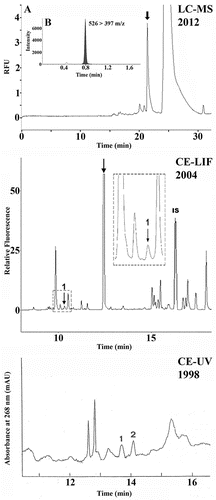 Figure 1. Determination of desmosines in urine samples from AATD patients, obtained by applying CE-UV; CE-LIF; and LC–MS (bottom to top, respectively). Electropherograms/chromatograms reported are representative of those generated with the mentioned approaches, in the years indicated in the figure. Bottom: CE-UV profile. Peaks 1 and 2 represent IDES and DES, respectively. Experimental conditions: approximately 10 nL was injected into an uncoated fused-silica capillary (57 cm × 50 µm i.d.). Electrolyte background: 35 mM sodium tetraborate pH 9.3 containing 65 mM SDS. Applied voltage: 10 kV. Temperature: 25°C. Middle: CE-LIF electropherogram obtained from a diluted urine sample (approximately 10 nL) derivatized with FITC. Peak 1 represents endogenous desmosines (IDES plus DES) and peak IS corresponds to the internal standard (FITC-Asn). The peak indicated by an arrow represents the excess FITC. Inset: expansion of the square region containing peak 1. Experimental conditions: uncoated capillary (57 cm × 50 µm i.d). Electrolyte background: 20 mM sodium tetraborate pH 9.0 containing 60 mM SDS and 15% v/v methanol. Applied voltage: 30 kV. Temperature: 25°C. The laser module consisted of a 3 mW and a 488 nm air-cooled argon-ion laser with an emission band pass filter of 520 ± 2 nm. Top: LC-MS profile (panel A) obtained from a UPLC column (2.1 × 100 mm, 1.8 μm pore size) using a 7-min gradient from 99.5% of solvent A (5 mM ammonium formate containing 0.1% formic acid) to 90% solvent B (methanol containing 0.1% formic acid and 5 mM ammonium formate) at a flow rate of 0.5 mL/min. The sample volume injected was 10 μL. Panel B: multiple reaction monitoring (MRM) transition 526 > 397 of the desmosine peak (indicated by an arrow in panel A) was selected for quantitative and qualitative analyses, respectively.