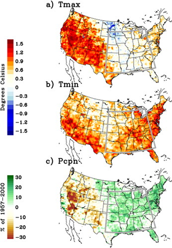 Figure 3. Spatial patterns of the observed May-August changes in maximum temperature (top; Tmax), minimum temperature (middle; Tmin) and precipitation (% relative to 1957-2000) for 2001-2020 versus 1957-2000. (From Eischeid et al, The Journal of Climate, October 2023).