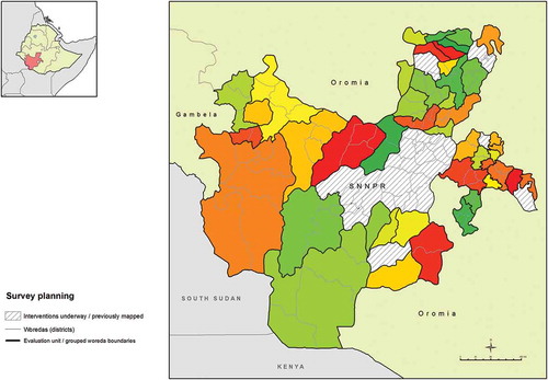 Figure 1. Evaluation units of grouped woredas (districts), Global Trachoma Mapping Project, Southern Nations, Nationalities, and Peoples’ Region, Ethiopia, 2013–2014.