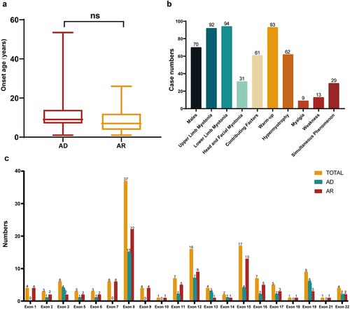 Figure 4. The summarization and comparison of Chinese MC patients. The onset age of AD patients (10.52 ± 8.59 years) was not significantly different from that of AR patients (7.84 ± 5.51), p > 0.05 (a). The symptom incidence of 98 Chinese MC patients (b). The hotspot variants located at the exons 8, 12, 15, and 19 in the Chinese MC patients (c).