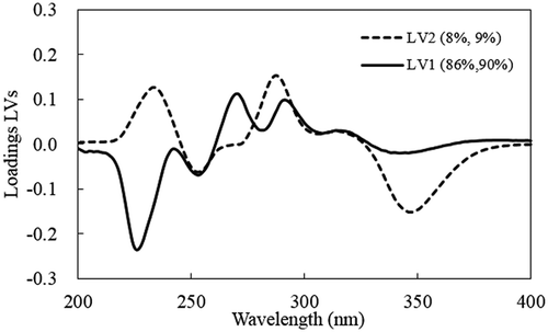 Figure 6. Plots of loadings of latent variables versus wavelength for the PLS-DA model.