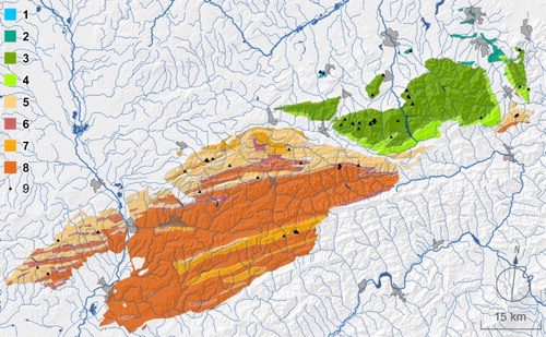 Figure 2. Simplified geological map. 1 – Jurassic carbonates including Štramberk Limestones; 2 – Lower Cretaceous flysch including Upper Těšín Beds of Hradiště Formation; 3 – Upper Cretaceous flysch including Mazák Formation, Godula Formation including Ostravice Sandstones, Middle and Upper Godula Beds, Pustevny Sandstones; 4 – Upper Cretaceous Istebna Formation; 5 – Upper Cretaceous/Palaeogene Soláň Formation including Ráztoka and Lukov Members; 6 – Palaeogene Beloveža Formation; 7 – Palaeogene Zlín Formation including Luhačovice and Rusava Members; 8 – Palaeogene Vsetín Member of Zlín Formation. 1–4: Silesian Nappe, 5–8: Rača Nappe. 9 – cave. Only geological units containing caves are visualised.