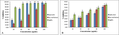 Figure 10. (A) DPPH radical scavenging activity (B) H2O2 radical scavenging activity. The letters a, b, c, d, e on bars indicate significant differences in percent inhibition at different concentrations, as determined by Duncan's multiple range test at p = .05.