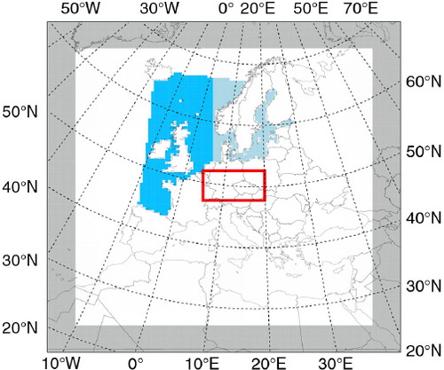 Fig. 1 Integration domain of CCLM (whole area) including the sponge zone (grey area), TRIMNP (blue & light blue), and CICE (light blue). Central Europe is marked by the red rectangular area.