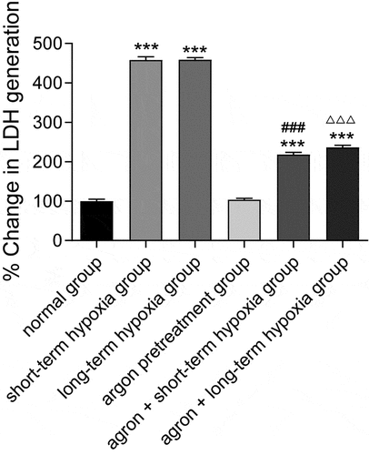 Figure 2. Effect of argon on LDH release in OGD-induced cells. ***P < 0.001 vs. normal group; ###P < 0.001 vs. short-term hypoxia group; ΔΔΔP < 0.001 vs. long-term hypoxia group