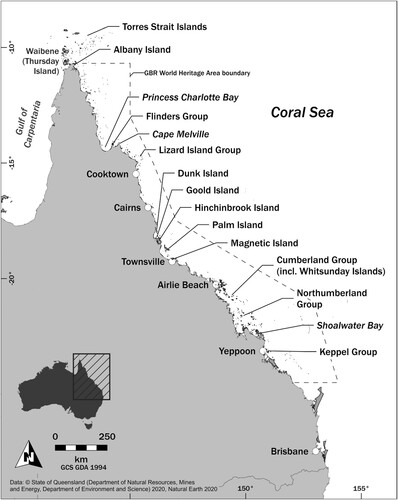 Figure 1. Australia, showing the location of Queensland and key places on the Great Barrier Reef mentioned in text. The dotted line shows the boundary of the Great Barrier Reef World Heritage Area.