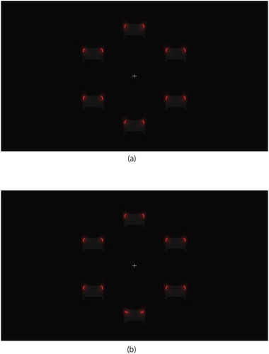 Figure 6. Visual Stimuli. Tail lamp design arrays used as stimuli in the visual search task. (a) shows a tar-get-absent stimulus, and (b) shows a target-present stimulus at bottom position, in which one of the key images is the target