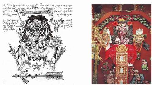 Figure 3. Kriya bebali rajah Rangda (Hooykaas, Citation1980, p. 319) and Kriya bebali Dewi Durga (Author’s document, 1990).