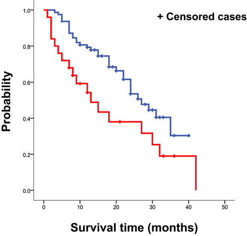 Figure 4 The difference in survival probability since the initiation of nintedanib therapy in patients with poor PS (red line) and good PS (blue line).