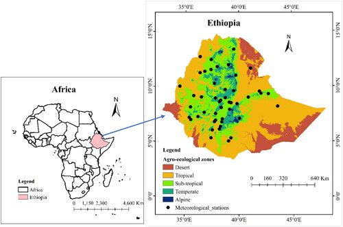 Figure 1. The location of Ethiopia from Africa and the meteorological stations used in this study.