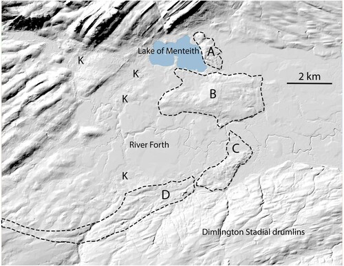 Figure 12. Landforms delimiting the Menteith lobe, showing ridge complexes A-D described in the text (based on Fig. 24.10 in Evans, Citation2021). K: kame and kettle topography. Base map: © Crown copyright and database rights 2021 Ordnance Survey (100025252).