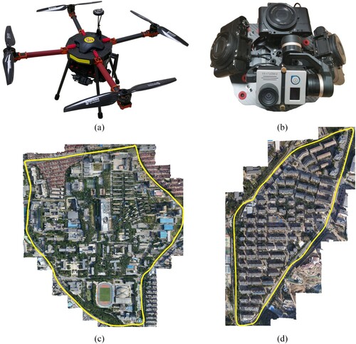 Figure 8. Devices used for obtaining the data and the orthoimage of datasets from the 3D high-resolution building model. (a) Four-rotor unmanned aerial vehicle (UAV); (b) Three-camera photography system; (c) The orthoimage of Area 1; (d) The orthoimage of Area 2.