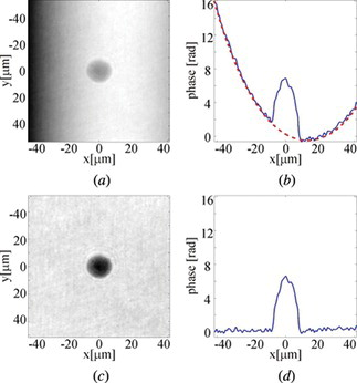 Figure 5 The correction of phase aberration associated with the fiber capillary: (a) original phase distribution; (b) cross-section of the phase distribution (solid line) and of the fitted aberration profile (dashed line); (c) and (d) the correction results.