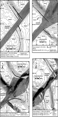 Figure 10  Microtopographic maps of terrace, riser and palaeochannel displacements across the Wairarapa Fault. See Fig. 3 for locations. All co-ordinates are in NZMG. A, Terrace F, riser EF and Ch2 displacements, based on c. 4900 survey points, which are omitted for clarity. B, Terrace E and riser DE displacements, based on c. 1850 survey points. C, Terrace D and riser CD displacements based on c. 2920 survey points. D, Terrace C and Ch1 displacements based on c. 3620 survey points. E, Terrace C and riser BC displacements based on c. 3540 points. F, Terrace A, terrace B and riser AB displacements based on c. 2790 points.