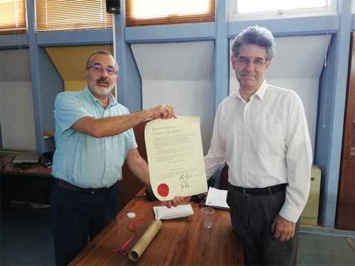Figure 3. Recipient of the 2019 Guggenheim Medal for excellence in thermodynamics,: Doros Theodorou, National Technical University of Athens, Greece (presented in by Ioannis Economou, Chair of the IChemE Guggenheim Medal Panel).