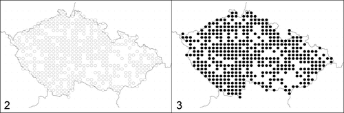 Figures 2–3. Map of the Czech Republic showing squares of the uniform grid system sampled during (2) the first (until 1970) and (3) the second period of research (after 1970).