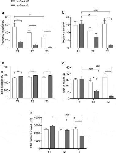 Figure 3. Anxiety-like behavior and locomotor activity in α-Gal A (-/0) mice. experiments were carried out on 8–10-week-old (T1), 16–20-week-old (T2), and 12-month-old (T3) α-Gal A (-/0) mice (gray) and α-Gal A (+/0) controls (white). Data are representative of at least three independent experiments performed on 8–11 animals (n = 8–11) per group per genotype. Anxiety-like behavior was measured as (a) frequency in the periphery (%); (b) time in periphery and (c) total distance moved (cm). Values represent means ± SEM. Two-way ANOVA followed by Tukey’s post hoc test was applied. *p < .05; **p < .01; ***p < .001 VS α-Gal A +/0; ##p < .01; ###p < .001 VS same genotype.